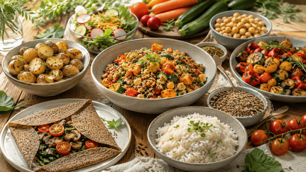 Une table généreuse présentant plusieurs aliments naturellement sans gluten : quinoa, légumes rôtis, pois chiches, riz, pommes de terre et galette de sarrasin, en cohérence avec les bases culinaires présentées dans l’article.