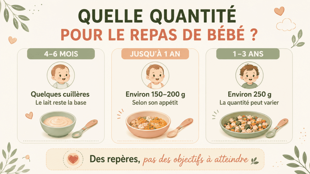 Infographie synthétique des quantités de repas indiquées dans l’article selon l’âge, avec rappel essentiel sur le respect de l’appétit.