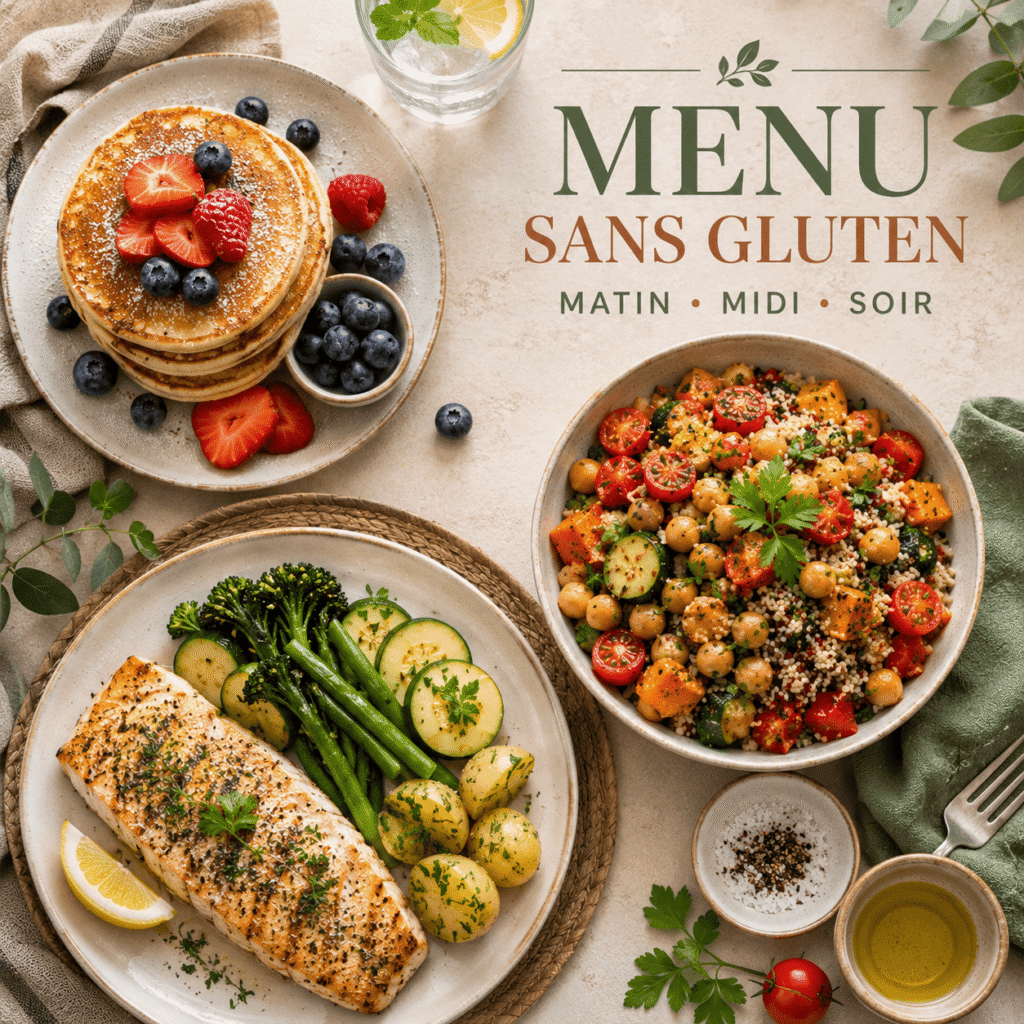 Composition gourmande illustrant plusieurs moments de la journée, en cohérence avec l’organisation de l’article entre petit-déjeuner, déjeuner et dîner.