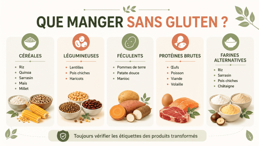Infographie pédagogique séparant les principales familles d’aliments naturellement sans gluten : céréales alternatives, légumineuses, féculents, protéines et farines alternatives.