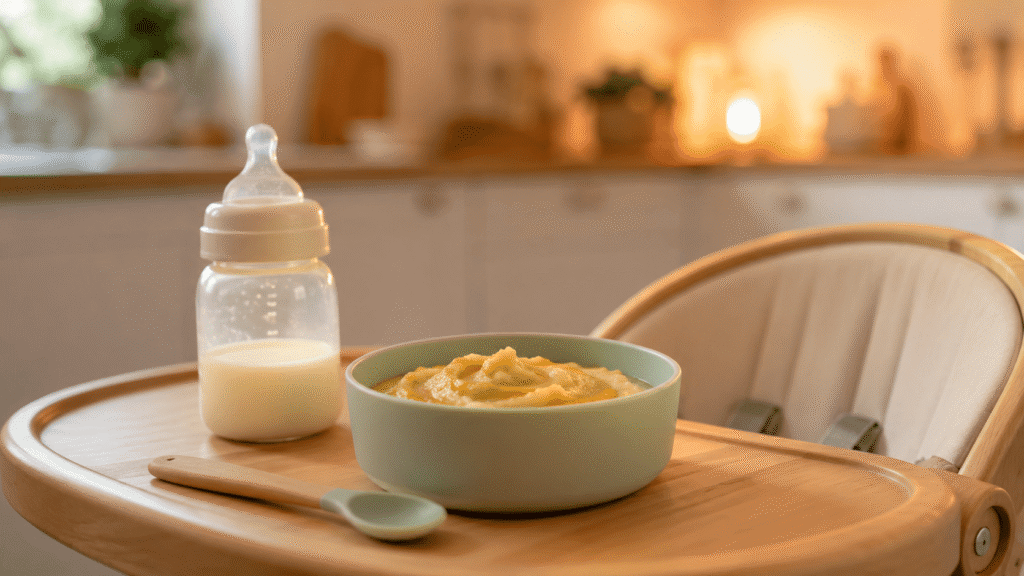 Repas du soir de bébé avec purée de légumes et biberon