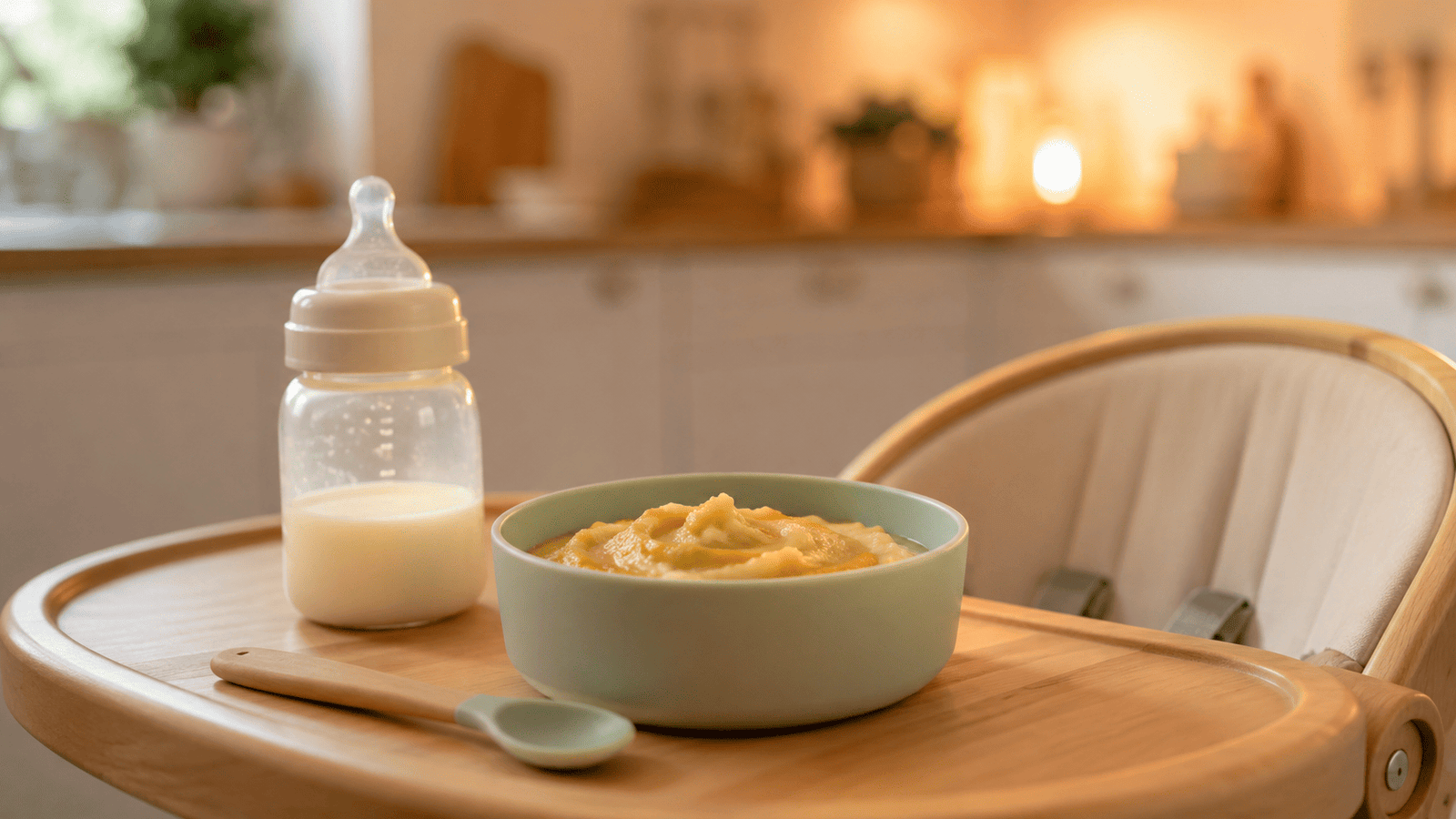 Repas du soir de bébé avec purée de légumes et biberon